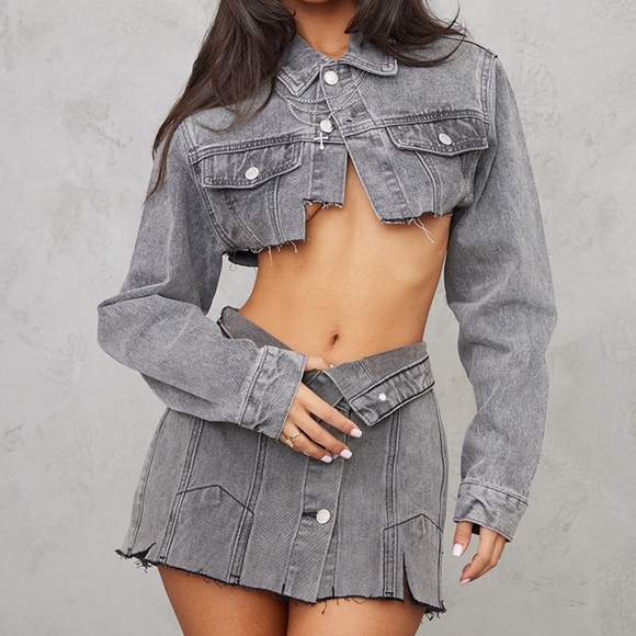 Petite Grey Distressed Button Front Denim Micro Mini Skirt size US 10 - Picture 4 of 5